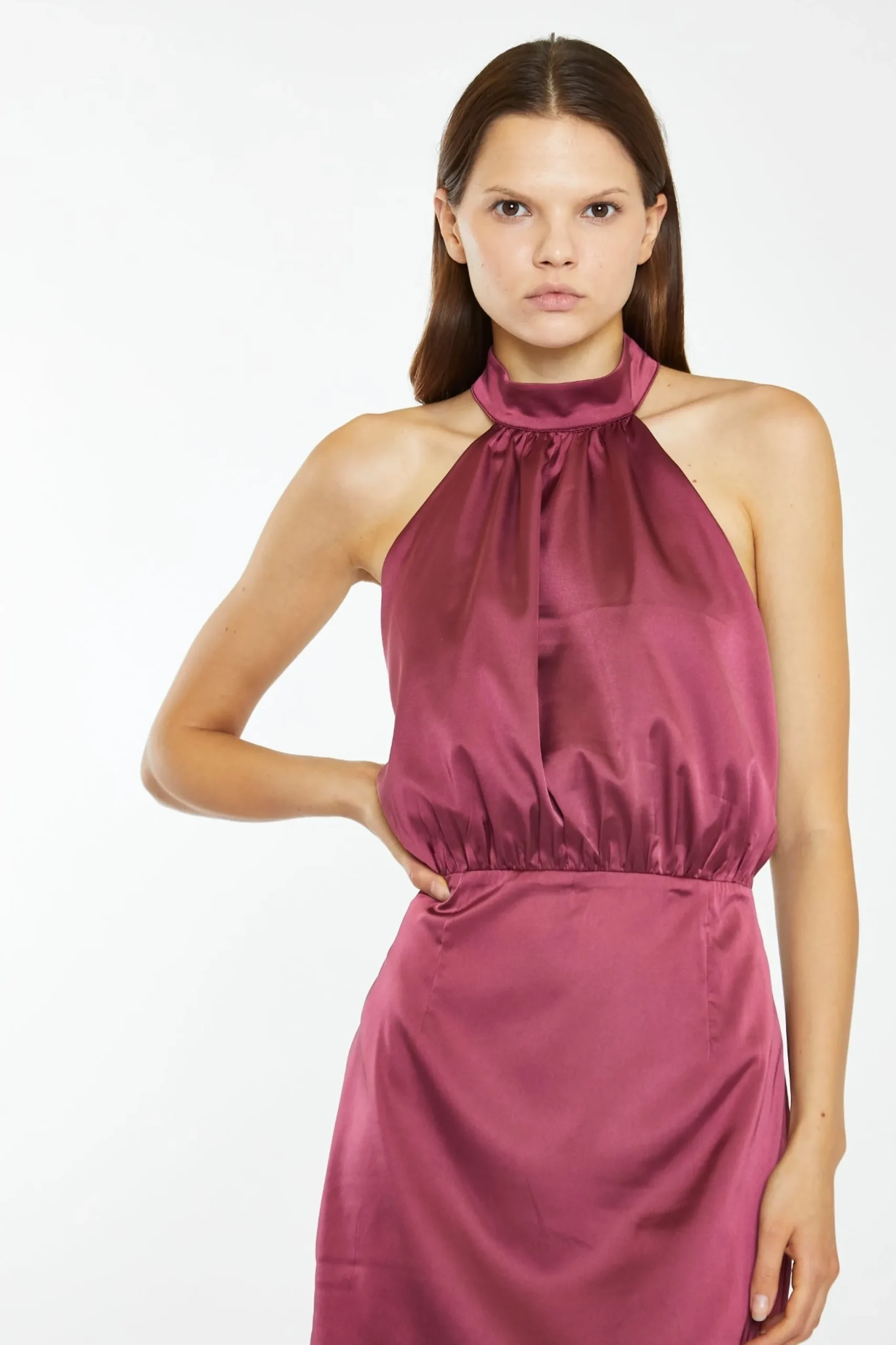 Glamorous Go To Partywear|Satin Dresses|Dark-Raspberry Satin Diamante Strap Mini-Dress -