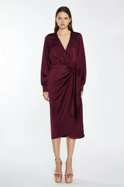 Glamorous Best Dressed Guest|Go To Partywear|Deep Burgundy Satin Long-Sleeve Wrap Midi-Dress -