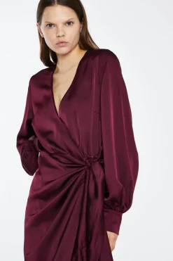 Glamorous Best Dressed Guest|Go To Partywear|Deep Burgundy Satin Long-Sleeve Wrap Midi-Dress -