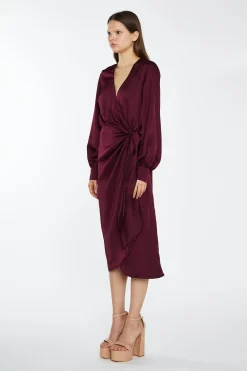 Glamorous Best Dressed Guest|Go To Partywear|Deep Burgundy Satin Long-Sleeve Wrap Midi-Dress -