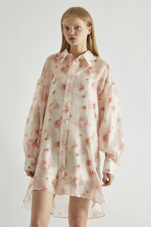 Glamorous Day Dresses|Party Dresses|Dusty Peach Floral Hi-Low Shirt-Dress -