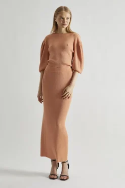 Glamorous Going Out Skirts|Knitted Skirts|Dusty-Peach Glitter Knitted Bodycon Midaxi-Skirt -