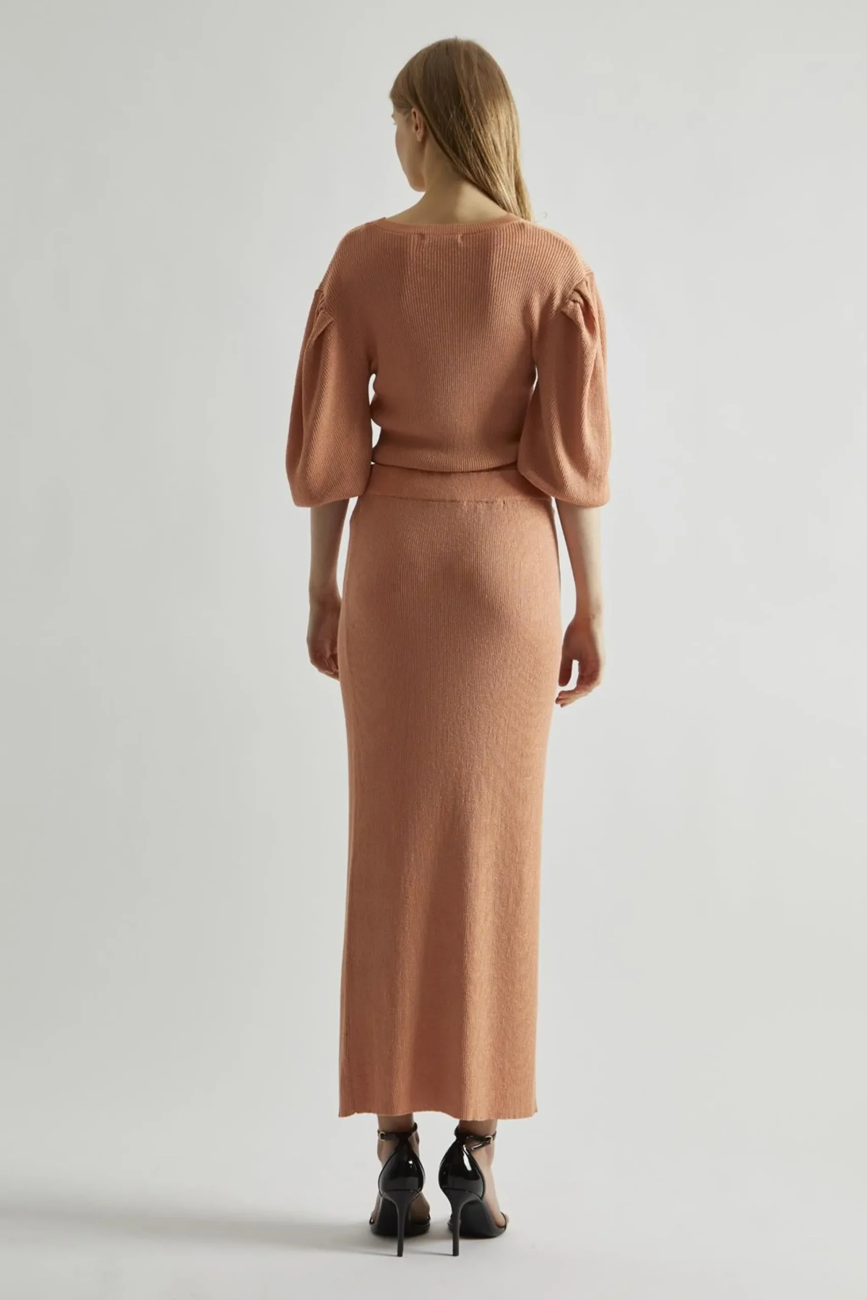 Glamorous Going Out Skirts|Knitted Skirts|Dusty-Peach Glitter Knitted Bodycon Midaxi-Skirt -