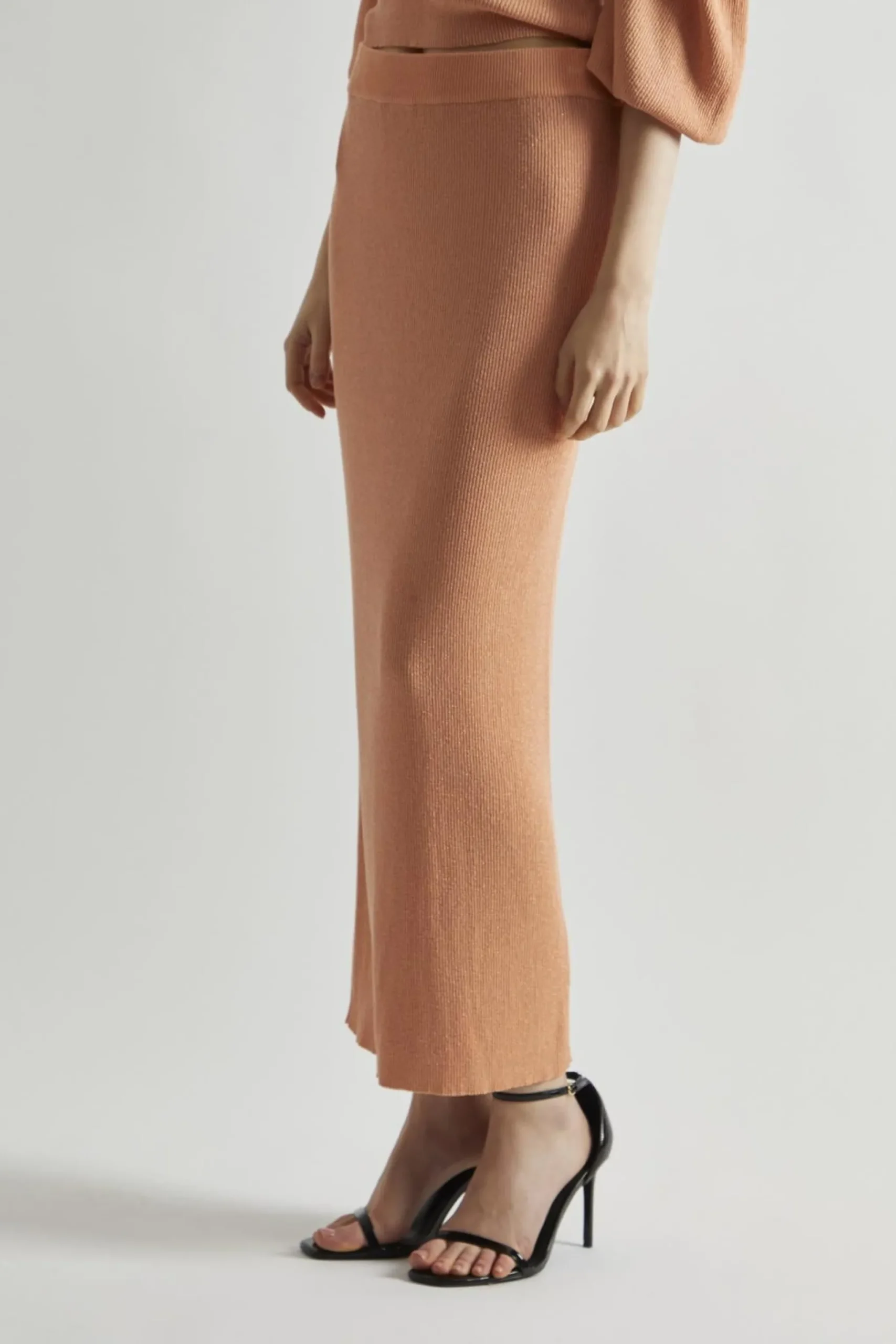 Glamorous Going Out Skirts|Knitted Skirts|Dusty-Peach Glitter Knitted Bodycon Midaxi-Skirt -
