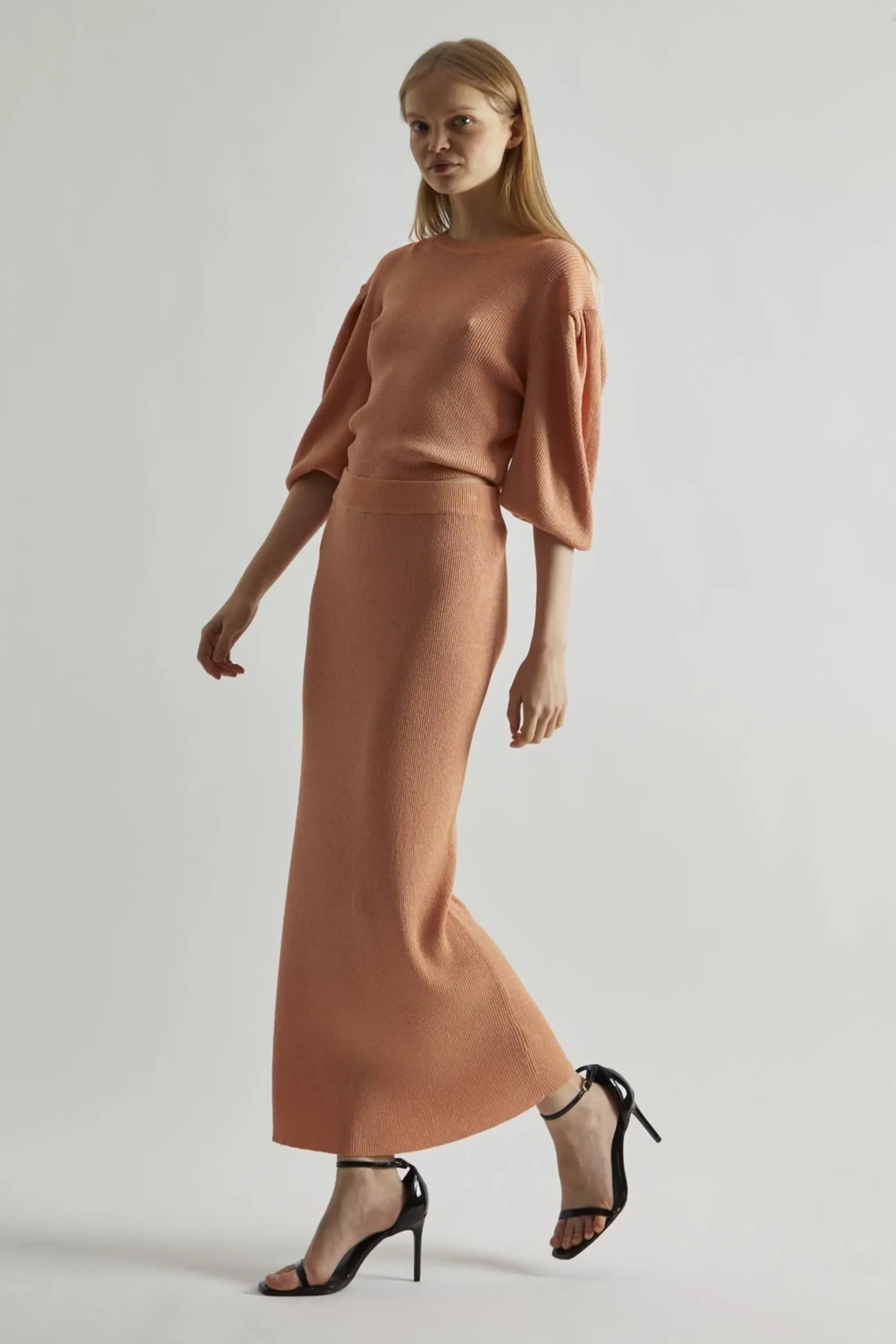 Glamorous Going Out Skirts|Knitted Skirts|Dusty-Peach Glitter Knitted Bodycon Midaxi-Skirt -