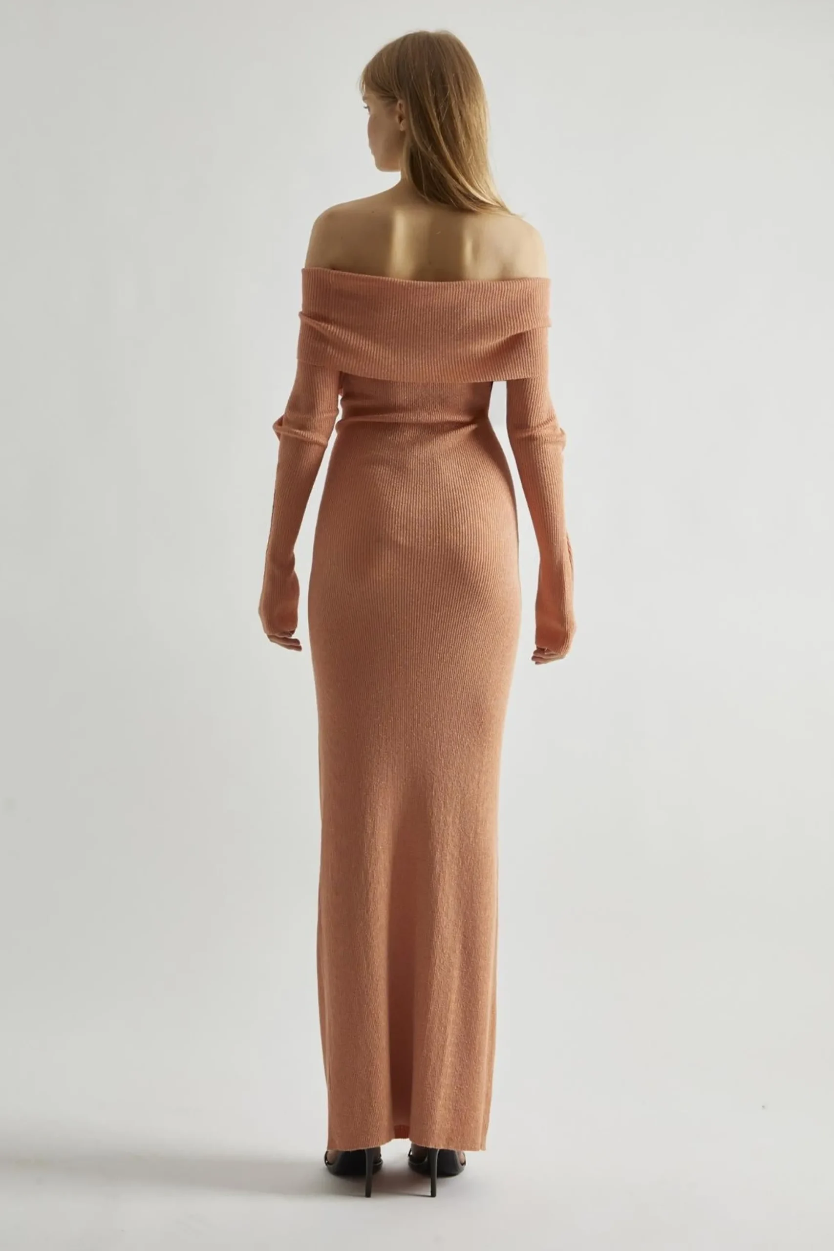 Glamorous Day Dresses|Party Dresses|Dusty-Peach Glitter Knitted Bardot Maxi-Dress -