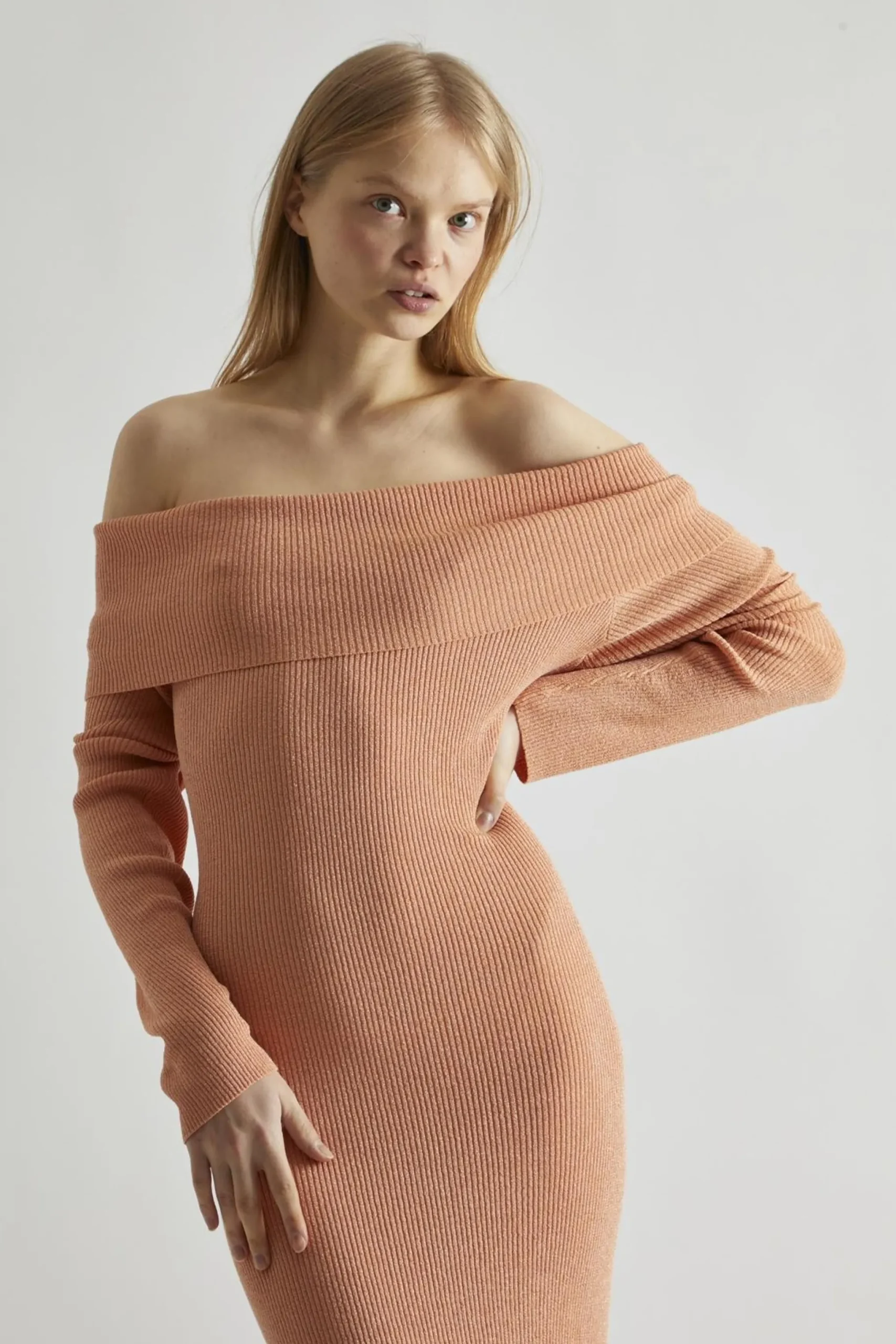 Glamorous Day Dresses|Party Dresses|Dusty-Peach Glitter Knitted Bardot Maxi-Dress -