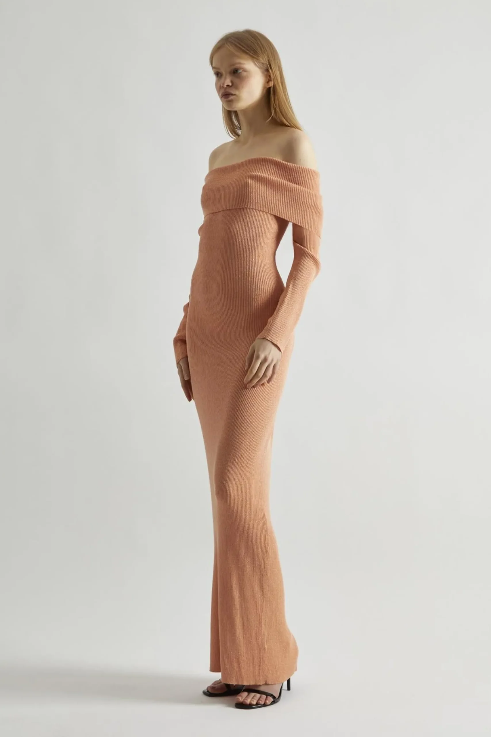 Glamorous Day Dresses|Party Dresses|Dusty-Peach Glitter Knitted Bardot Maxi-Dress -