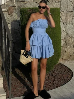 Glamorous Dresses|Prom|Gemma Bandeau Ruffle Mini-Dress -Sky Blue -