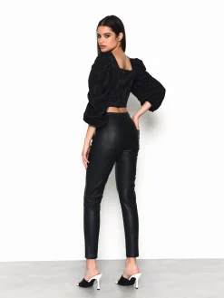 Glamorous Going Out Tops|Black Brocade Tie Neck Puff Sleeve Crop Top -