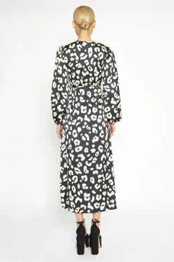 Glamorous Workwear|Day Dresses|Black Cream Large Leopard V Neck Long Sleeve Wrap Dress -