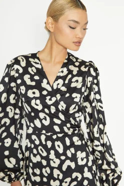 Glamorous Workwear|Day Dresses|Black Cream Large Leopard V Neck Long Sleeve Wrap Dress -