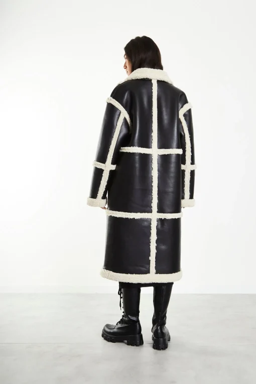 Glamorous Workwear|Longline Coats|Black Cream Long Shearling Seamed Coat with Collar -