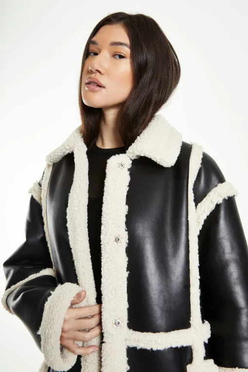 Glamorous Workwear|Longline Coats|Black Cream Long Shearling Seamed Coat with Collar -