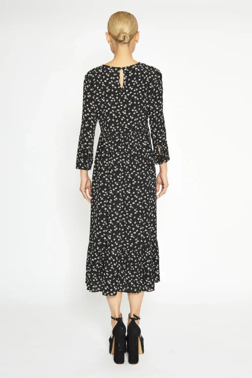 Glamorous Workwear|Day Dresses|Black Multi Rose Long Sleeve Midi Dress -