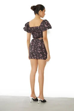 Glamorous Going Out Skirts|Mini Skirts|Black Pink Motif Ruched Mini Skirt -