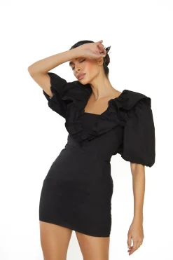 Glamorous Mini Dresses|Mini Dresses|Black Ruffle Puff Shoulder Mini Dress -
