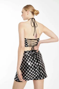 Glamorous Going Out Skirts|Go To Partywear|Black Silver Check Sequin Mini Skirt -