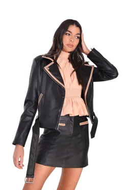 Glamorous Go To Partywear|Faux Fur & Leather|Black Tan Faux Leather Jacket -