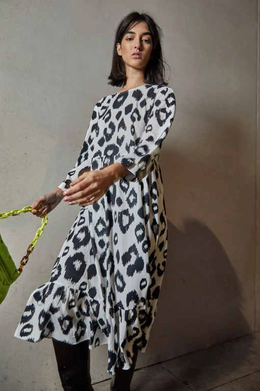 Glamorous Day Dresses|Wrap Dressses|Black White Leopard Midi Long Sleeve Wrap Dress -