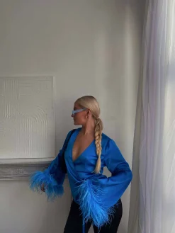 Glamorous Go To Partywear|Blouses & Shirts|Blue Aster Satin Wrap Blouse with Feather Trim -