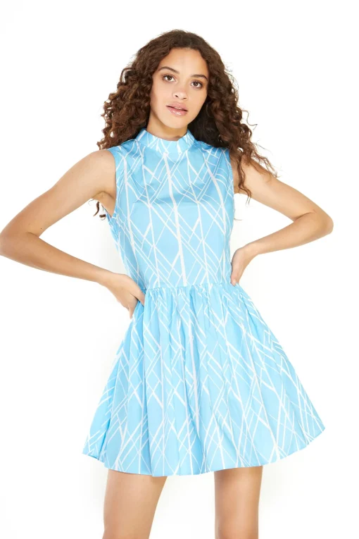 Glamorous Best Dressed Guest|Blue Geo Abstract High Neck Skater Dress -