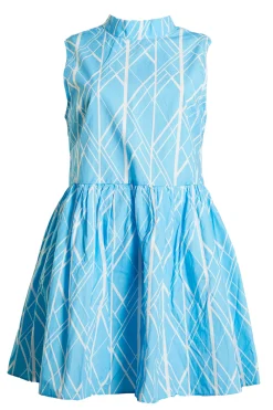Glamorous Best Dressed Guest|Blue Geo Abstract High Neck Skater Dress -