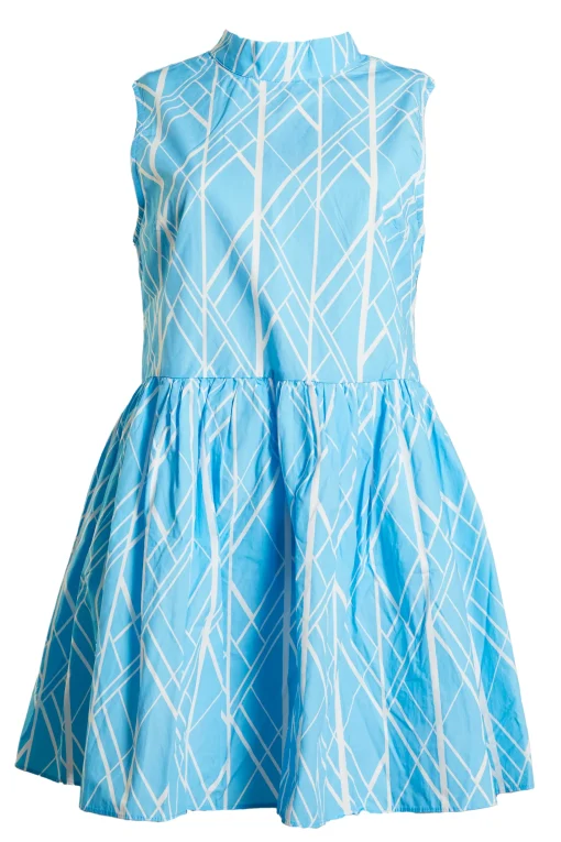 Glamorous Best Dressed Guest|Blue Geo Abstract High Neck Skater Dress -