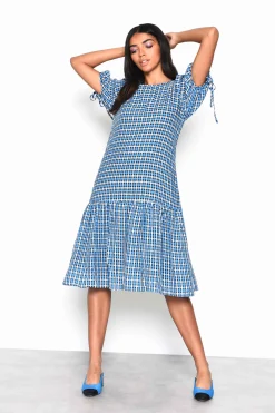 Glamorous Best Dressed Guest|Day Dresses|Blue Multi Check Tiered Midi Dress with Puff Sleeves and Tie -
