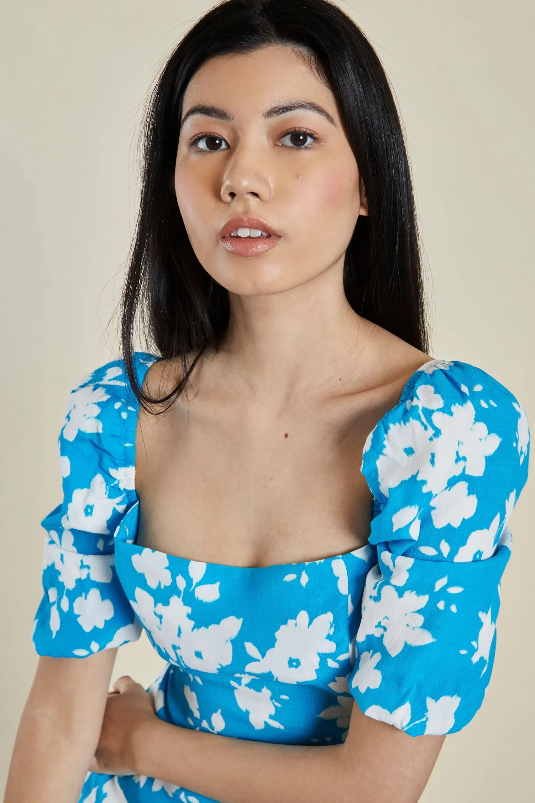 Glamorous Day Dresses|Mini Dresses|Blue White Floral Puff Shoulder Mini Dress -