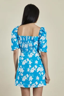 Glamorous Day Dresses|Mini Dresses|Blue White Floral Puff Shoulder Mini Dress -