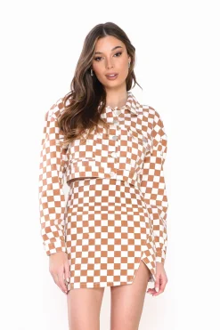 Glamorous Denim Jackets|Jackets|Brown White Checkerboard Pattern Denim Cropped Jacket -
