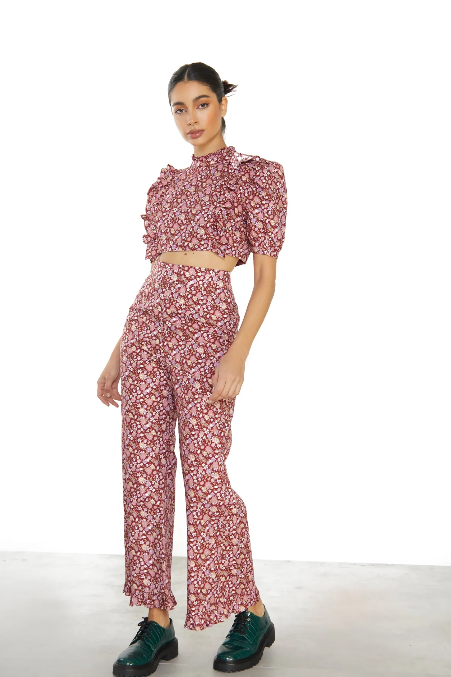 Glamorous Blouses & Shirts|Burgundy Chintz Floral High Neck Crop Blouse -