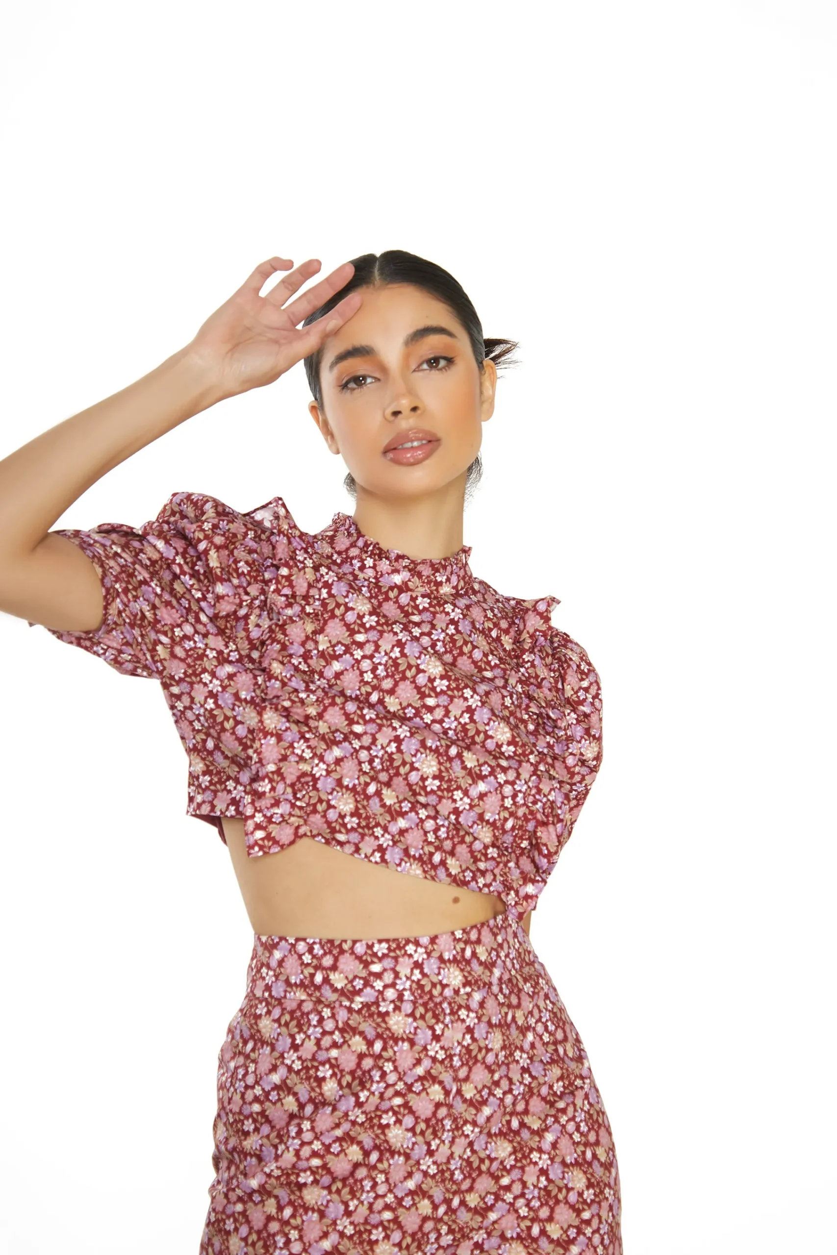 Glamorous Blouses & Shirts|Burgundy Chintz Floral High Neck Crop Blouse -