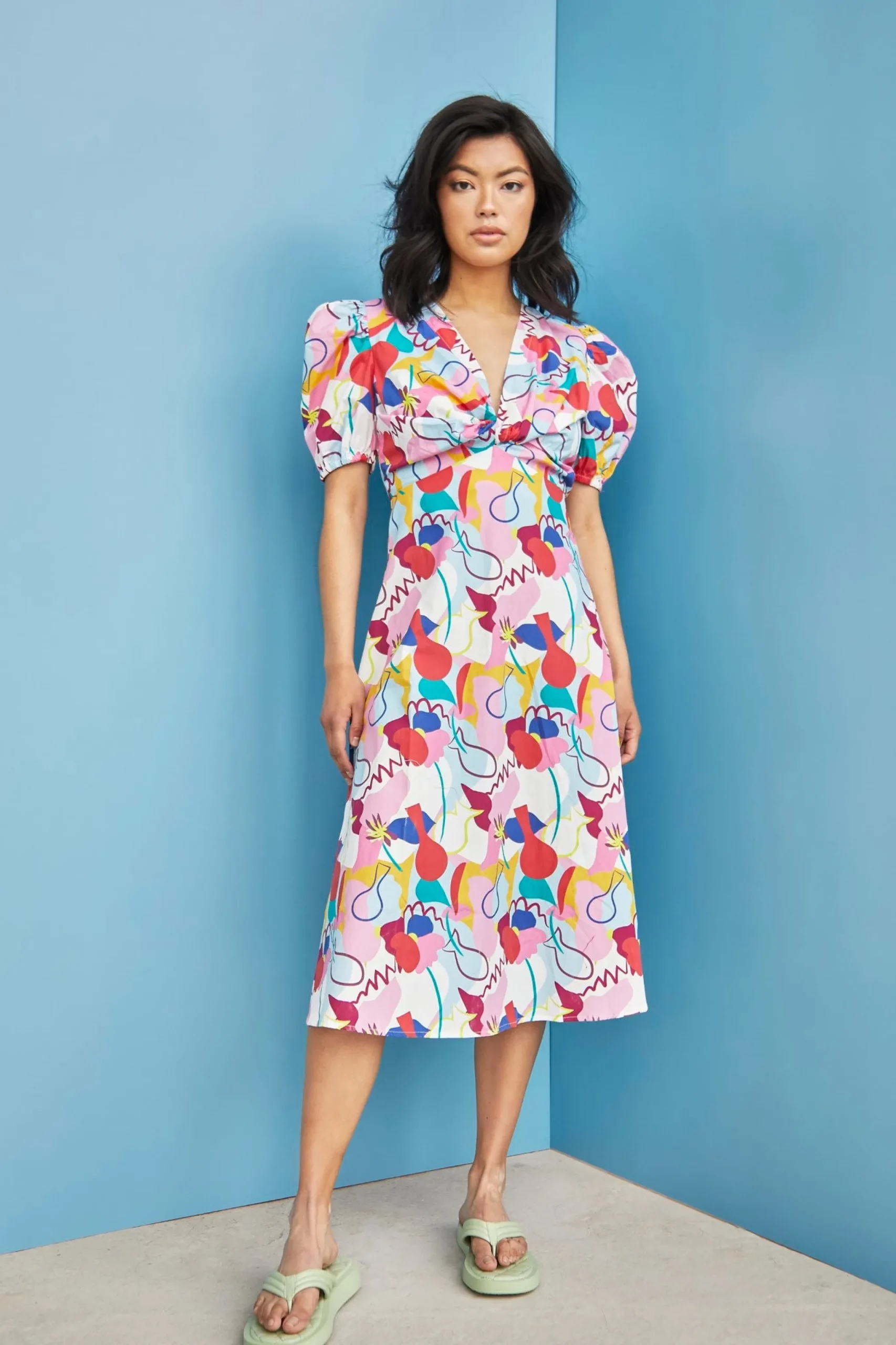 Glamorous Best Dressed Guest|Day Dresses|Care Abstract Rainbow Print V- Neck Puff Shoulder Midi Dress -