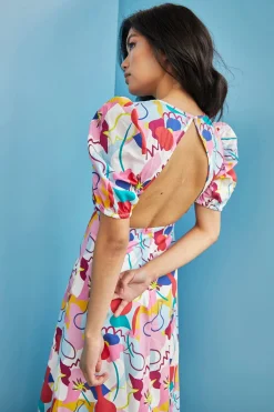 Glamorous Best Dressed Guest|Day Dresses|Care Abstract Rainbow Print V- Neck Puff Shoulder Midi Dress -