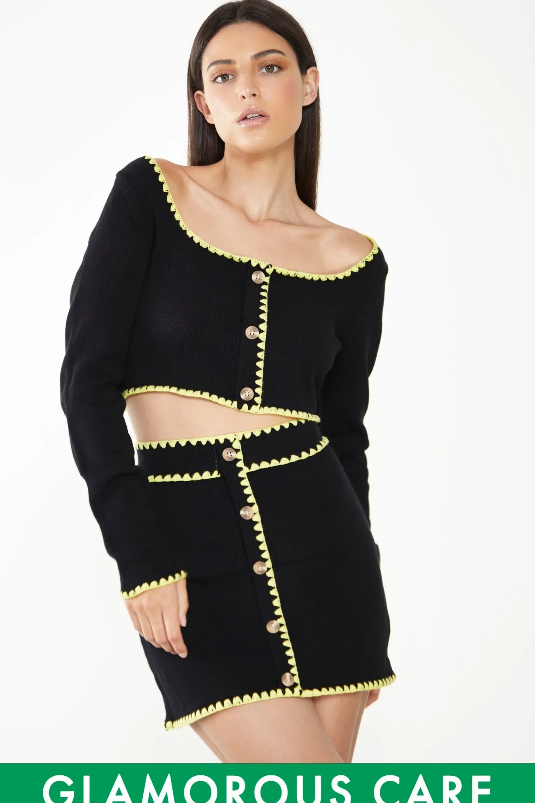 Glamorous Glamorous Care: Our Sustainable Collection|Co-ords|Care Black Button Up Cardigan with Yellow Scalloped Trim -