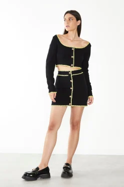 Glamorous Glamorous Care: Our Sustainable Collection|Co-ords|Care Black Button Up Cardigan with Yellow Scalloped Trim -