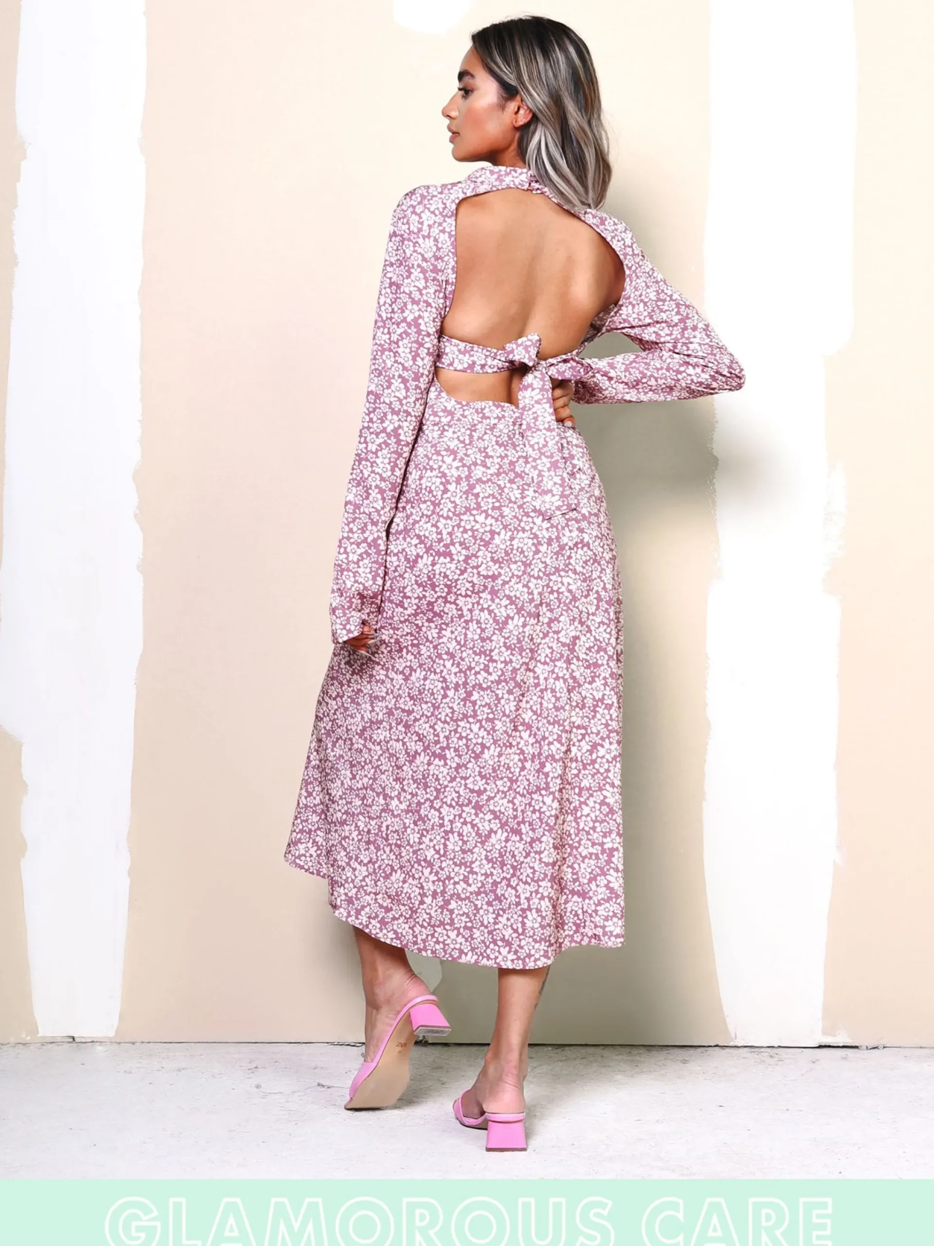 Glamorous Best Dressed Guest|Midi & Midaxi Dresses|Care Blush Floral Ditsy Open Back Detail Midi Dress -