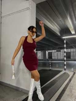 Glamorous Go To Partywear|Glamorous Care: Our Sustainable Collection|Care Burgundy Halter Neck Ribbed Mini Dress -