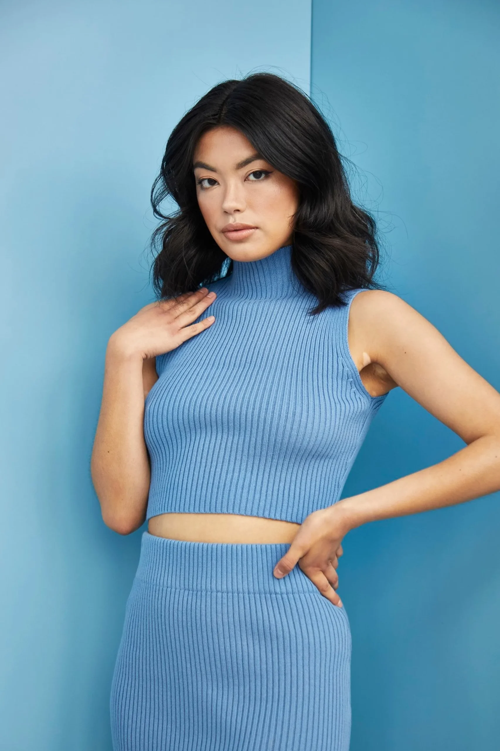 Glamorous Jet Setter|Glamorous Care: Our Sustainable Collection|Care Denim Blue High Neck Ribbed Top -