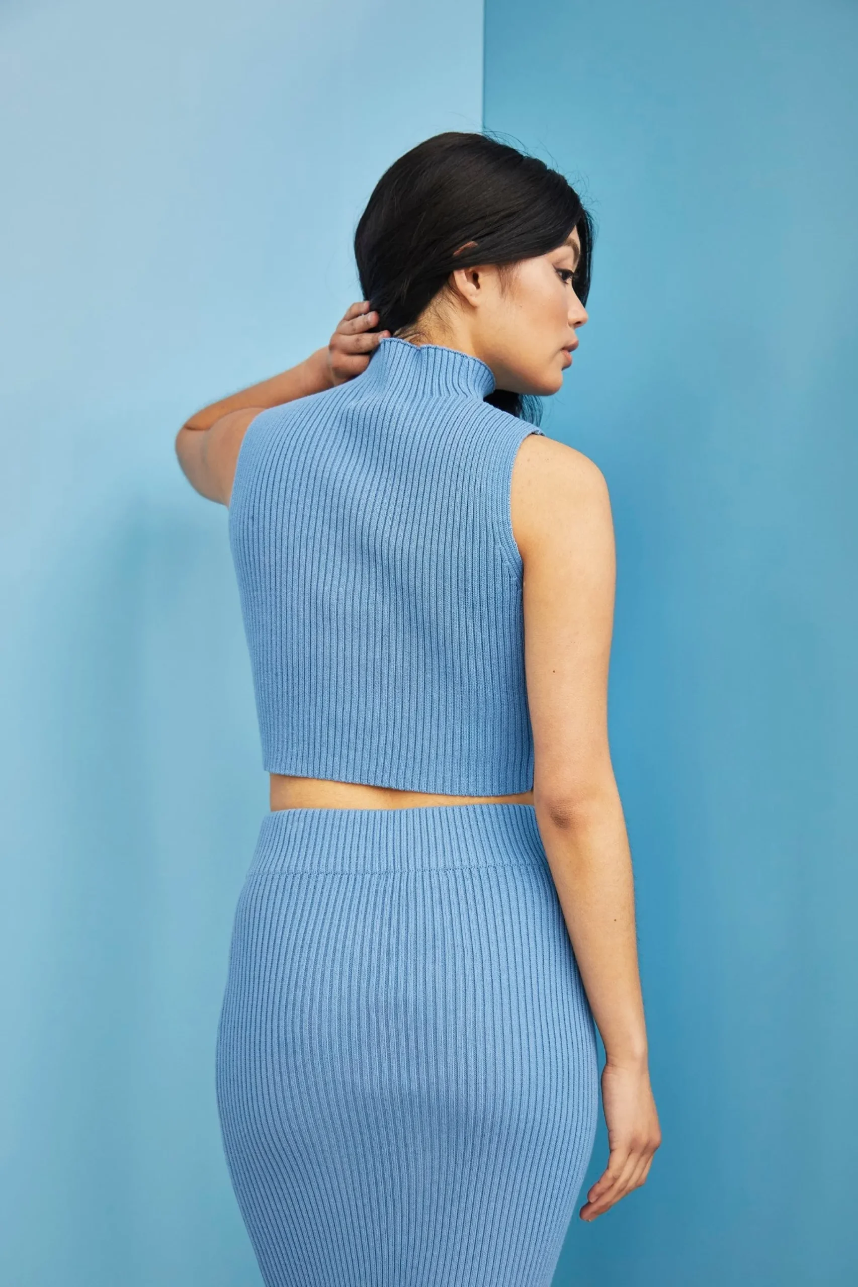 Glamorous Jet Setter|Glamorous Care: Our Sustainable Collection|Care Denim Blue High Neck Ribbed Top -