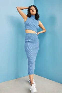 Glamorous Jet Setter|Glamorous Care: Our Sustainable Collection|Care Denim Blue High Neck Ribbed Top -