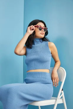 Glamorous Jet Setter|Glamorous Care: Our Sustainable Collection|Care Denim Blue High Neck Ribbed Top -