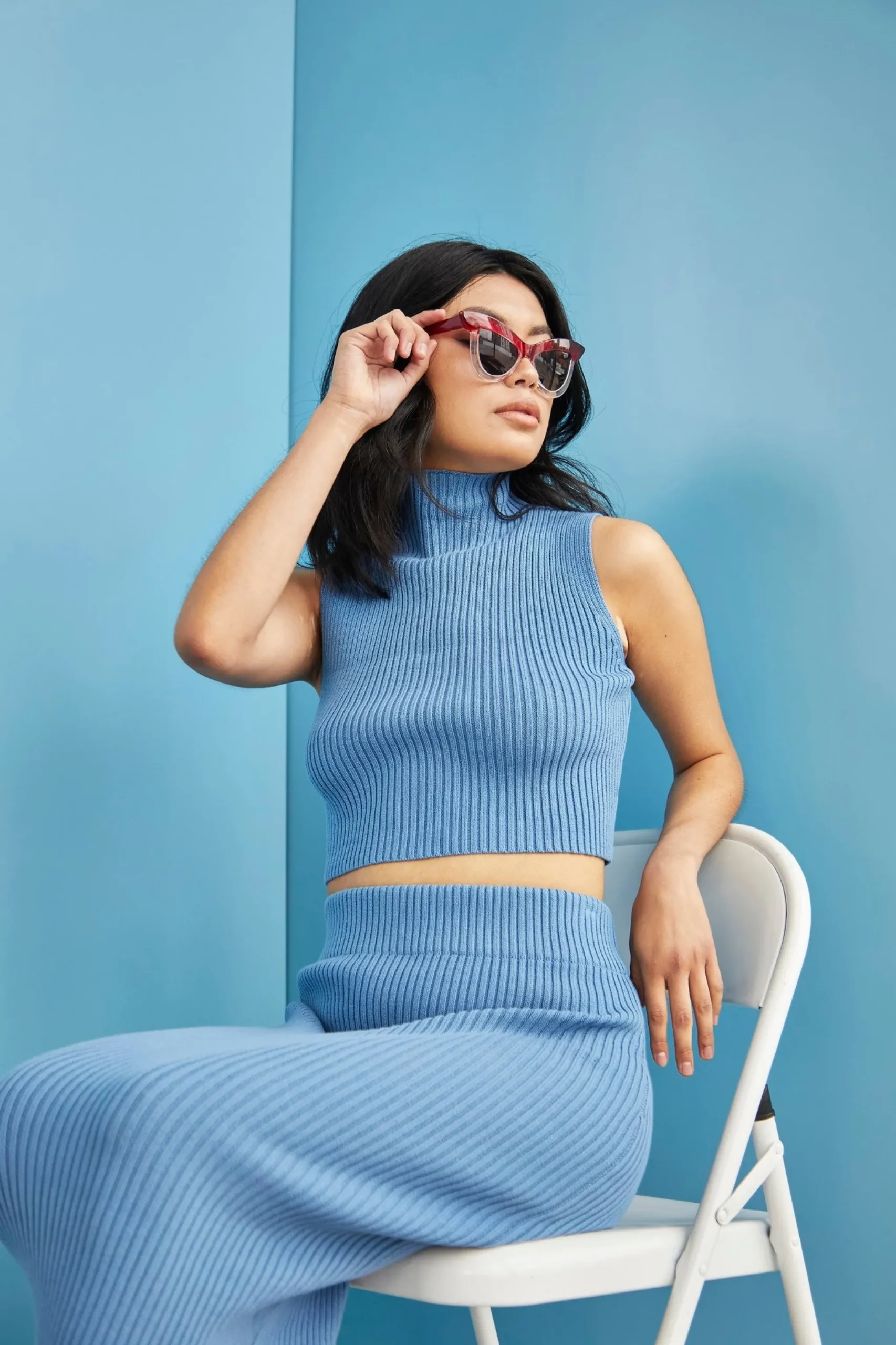 Glamorous Jet Setter|Glamorous Care: Our Sustainable Collection|Care Denim Blue High Neck Ribbed Top -