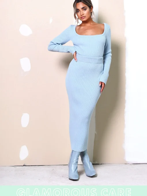 Glamorous Glamorous Care: Our Sustainable Collection|Midi & Midaxi Skirts|Care Light Blue Ribbed Midi Skirt -