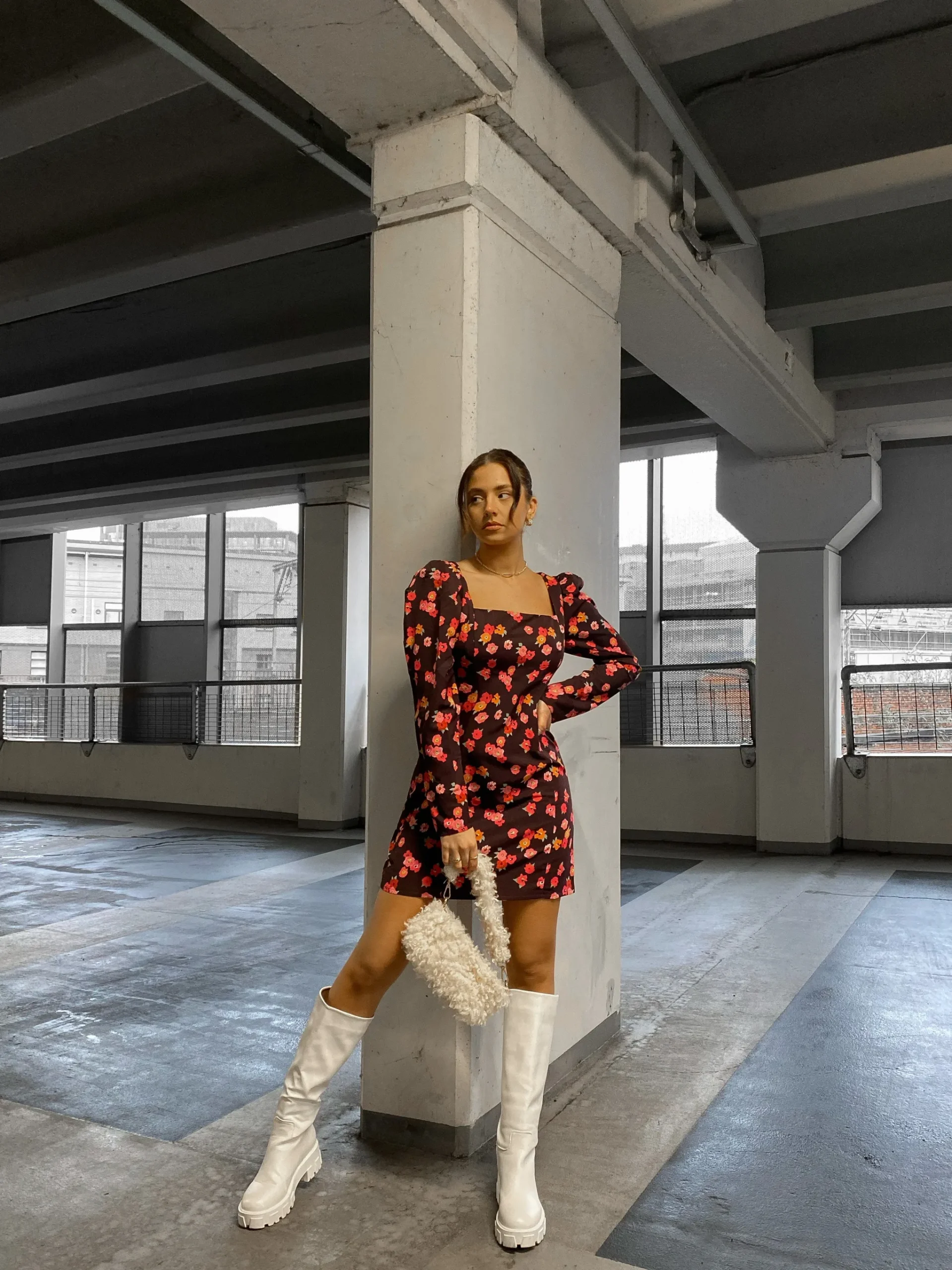 Glamorous Day Dresses|Glamorous Care: Our Sustainable Collection|Care Plum Watercolour Floral Square Neck Long Sleeve Mini Dr -