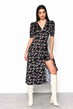 Glamorous Midi & Midaxi Dresses|Midi & Midaxi Dresses|Chain Floral Button Down Midi Dress with Plunging Neckline, -