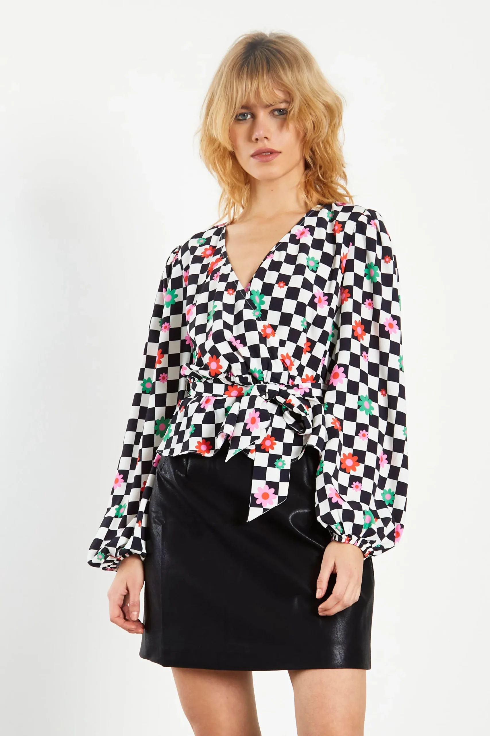 Glamorous Blouses & Shirts|Checkerboard Flower Wrap Blouse with Tie detail -