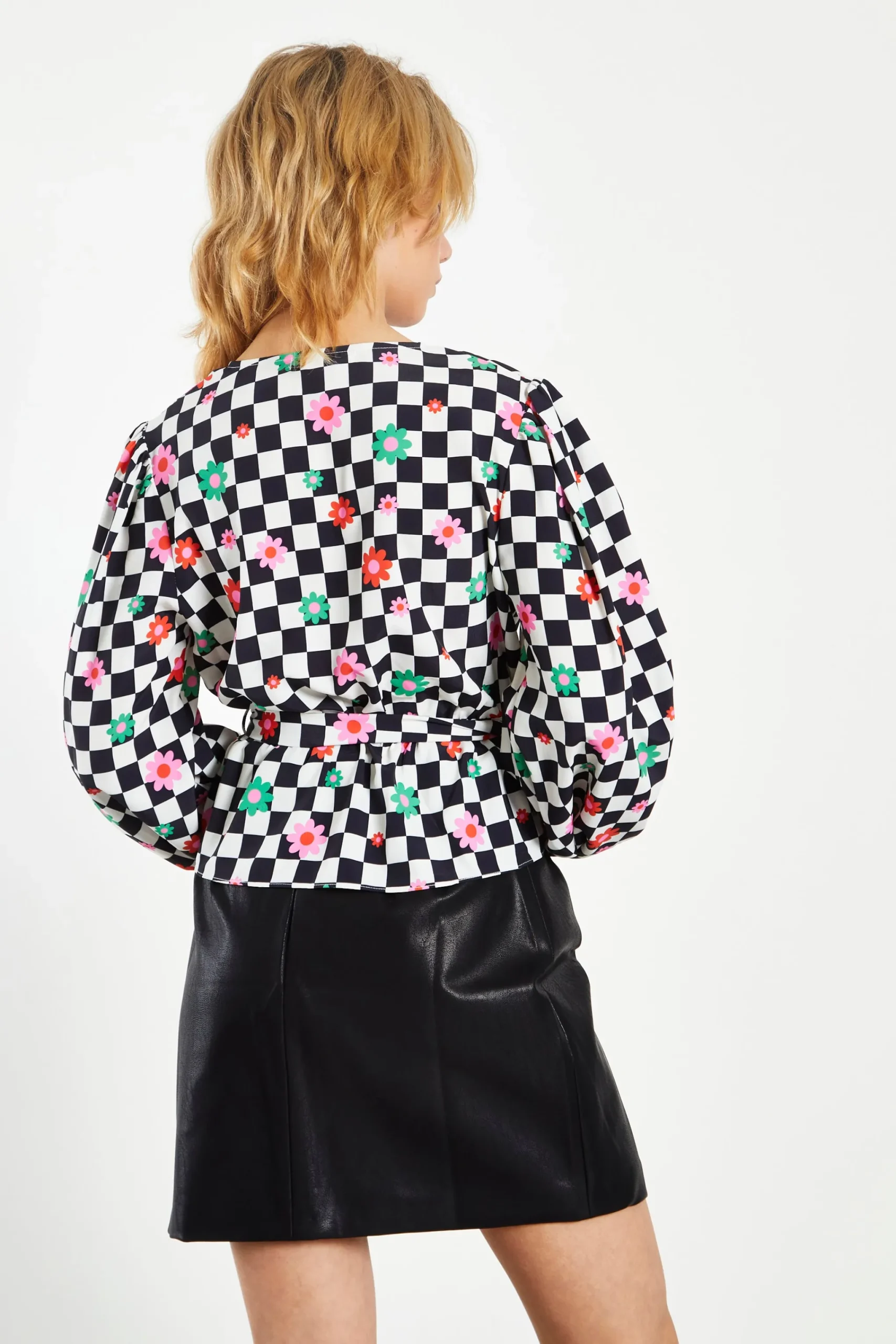 Glamorous Blouses & Shirts|Checkerboard Flower Wrap Blouse with Tie detail -